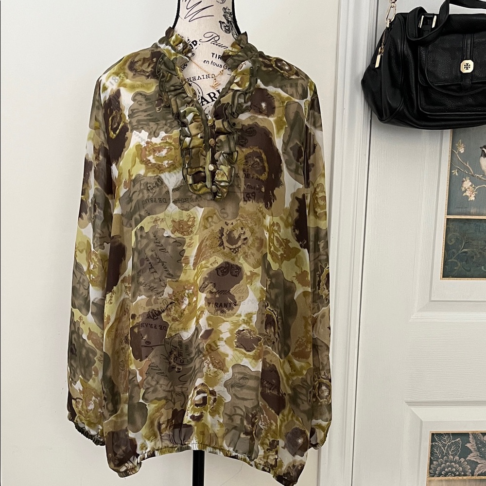 💗Chic Floral Ruffle Blouse - Olive and Brown